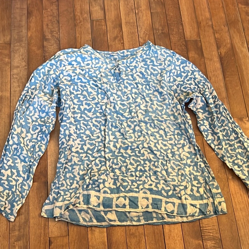 Blue Blouse with Full Sleeves and Cream Accents